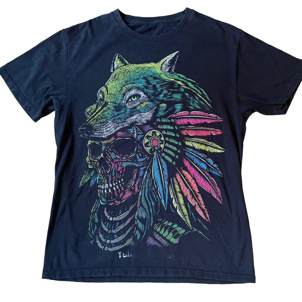 Printed Colorful T-shirt Wolf Skull Headdress  Small